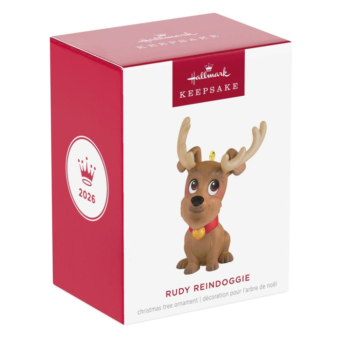Hallmark Rudolph reindeer Christmas ornament in packaging on a white background