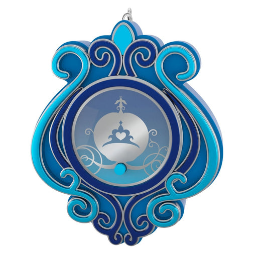 Front view gradient blue Cinderella pumpkin coach ornament with silver scrollwork, etched coach silhouette, and cyan button