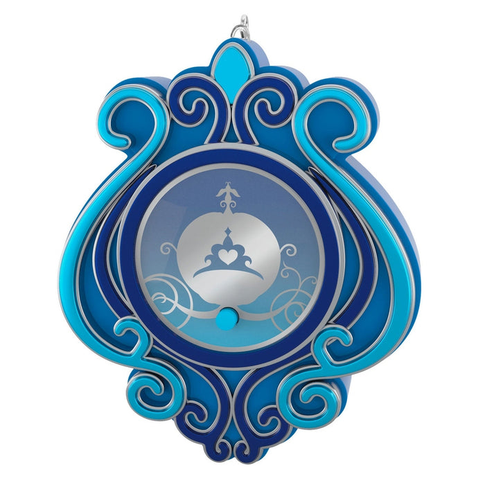 Front view gradient blue Cinderella pumpkin coach ornament with silver scrollwork, etched coach silhouette, and cyan button