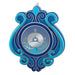 Front view gradient blue Cinderella pumpkin coach ornament with silver scrollwork, etched coach silhouette, and cyan button