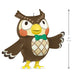 Cartoon owl figurine with a green bow tie and measurement details on a white background