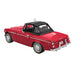 Rear view of red Datsun 2000 Sports ornament highlighting dual tailfins, round taillights, and 2026 license plate