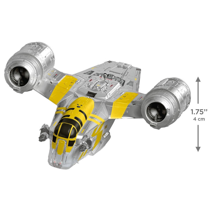 Hallmark Star Wars Razor Crest ornament with silver hull, yellow wing panels, and black cockpit canopy
