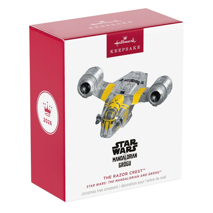 Hallmark 2026 Star Wars Razor Crest ornament box front with silver ship and yellow accents