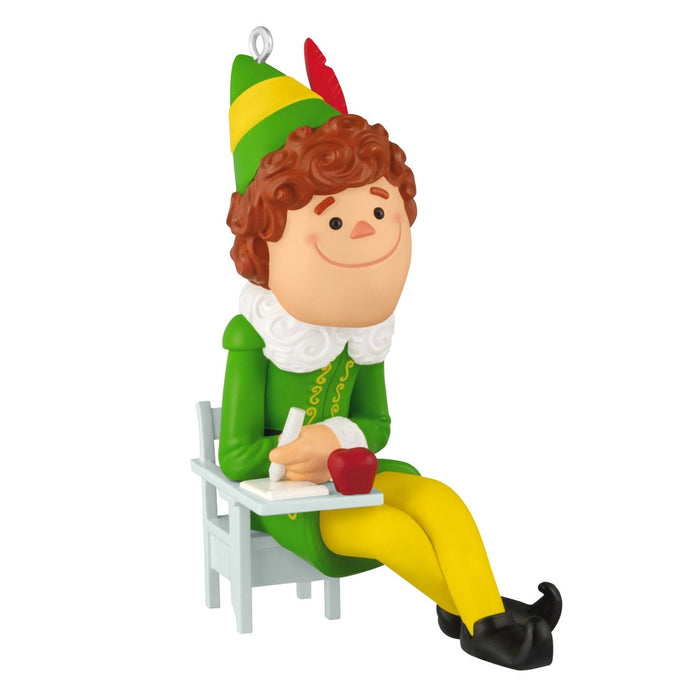 Three-quarter view of Buddy the Elf ornament highlighting facial expression and gold trim details