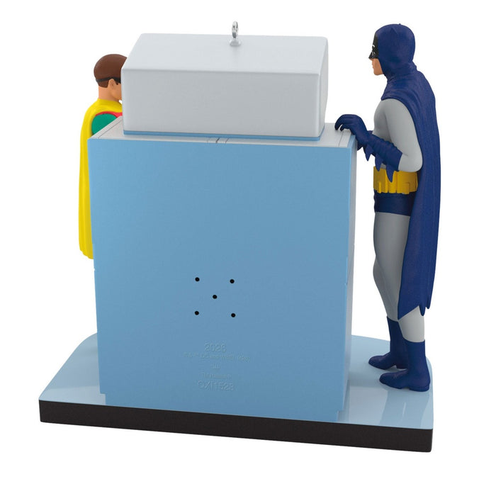 Rear three-quarter view of 2026 Hallmark Batman ornament showing battery compartment housing and DC Comics copyright text