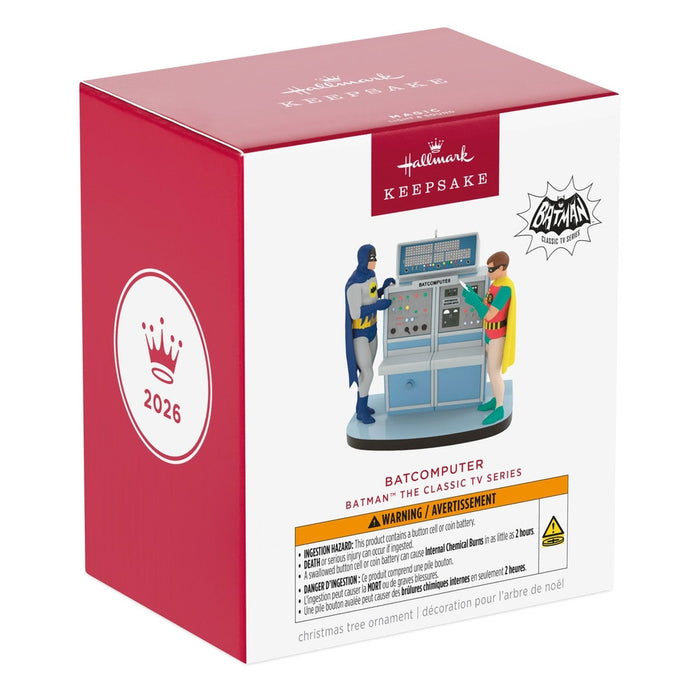 Hallmark Keepsake 2026 Batman Batcomputer ornament retail box front view with red and white packaging design