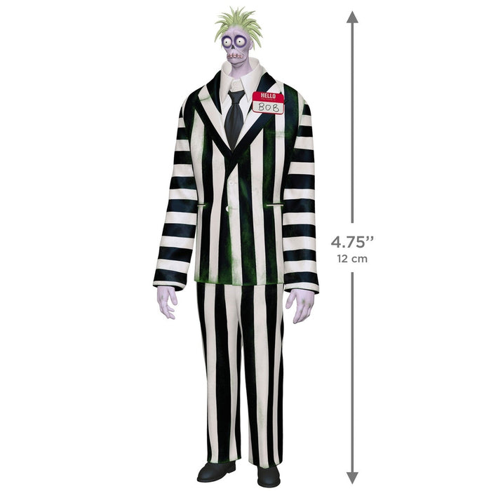 Bob as Beetlejuice ornament front view with striped suit and Hello Bob tag