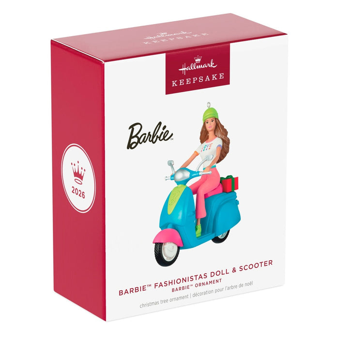 2026 Hallmark Keepsake retail box for Barbie Fashionistas doll and scooter Christmas ornament