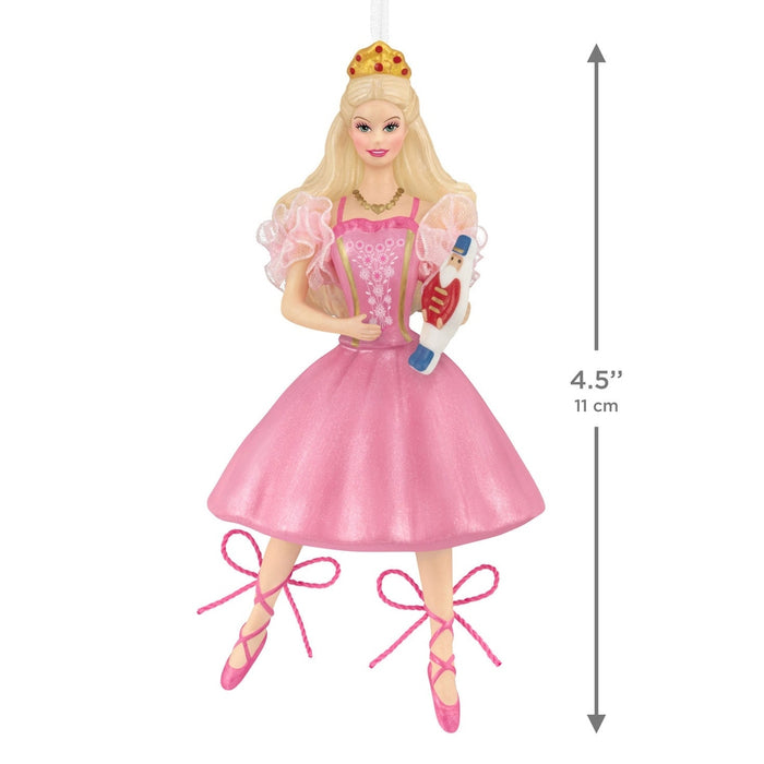 Hallmark 2026 Barbie Nutcracker ornament pink satin dress white floral embroidery gold trim
