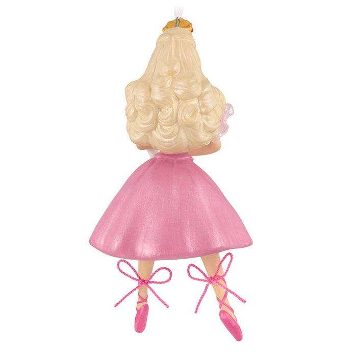 Back view of Barbie Nutcracker ornament matte pink skirt texture high bun hair detail