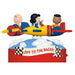 Toy set with three characters on a race car, featuring a banner 'Off to the Races!' on a white background.