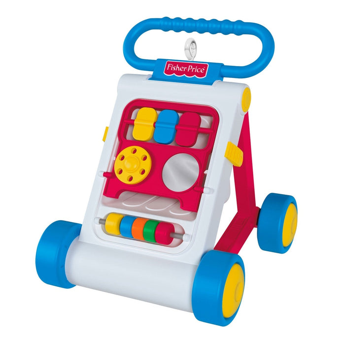 Front view of 2026 Hallmark Fisher-Price walker ornament showing yellow gear and multicolored beads