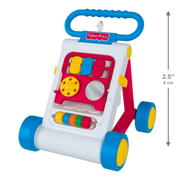 2026 Hallmark Fisher-Price Activity Walker ornament with blue handle, red panels, and colorful bead roller