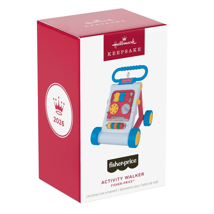 Hallmark Keepsake box for 2026 Fisher-Price Activity Walker ornament with red crown emblem