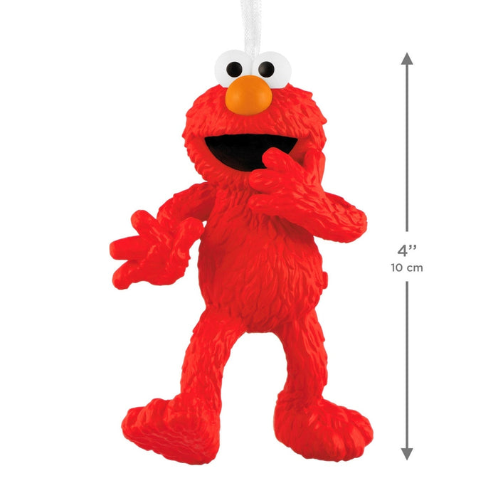 4 inch tall red Elmo Christmas ornament hanging with measurement graphic on white background