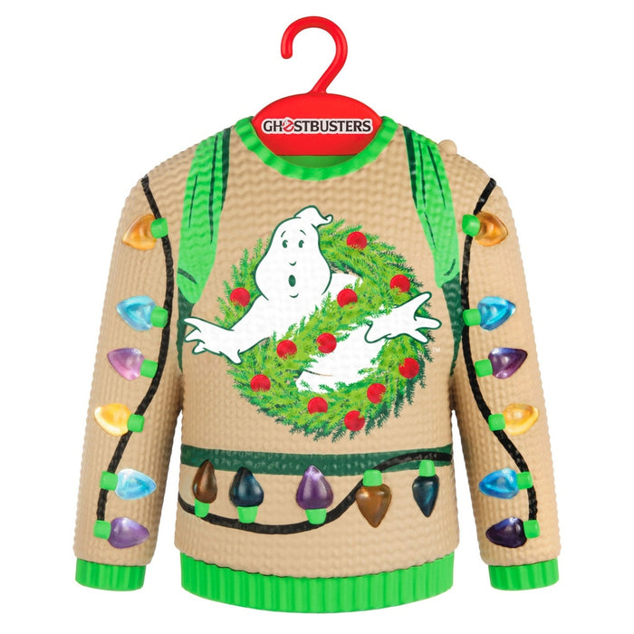 Beige textured plastic Ghostbusters sweater ornament with multicolored bulb details