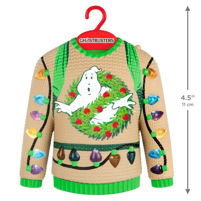 Hallmark 2026 Ghostbusters ugly sweater ornament with light bulbs and Slimer ghost in wreath