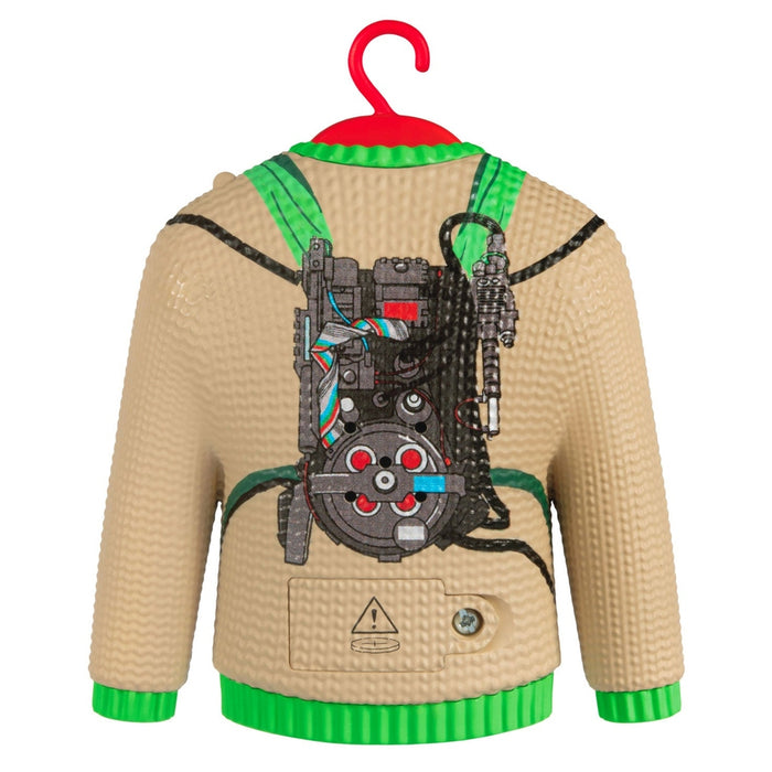 Back of Ghostbusters proton pack design on Hallmark 2026 light-up Christmas sweater ornament