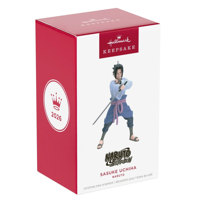 Hallmark Keepsake Christmas ornament packaging featuring Sasuke Uchiha from Naruto on a white background.