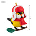 Miniature Christmas ornament of a bird wearing a red hat and scarf with a measurement indicator.