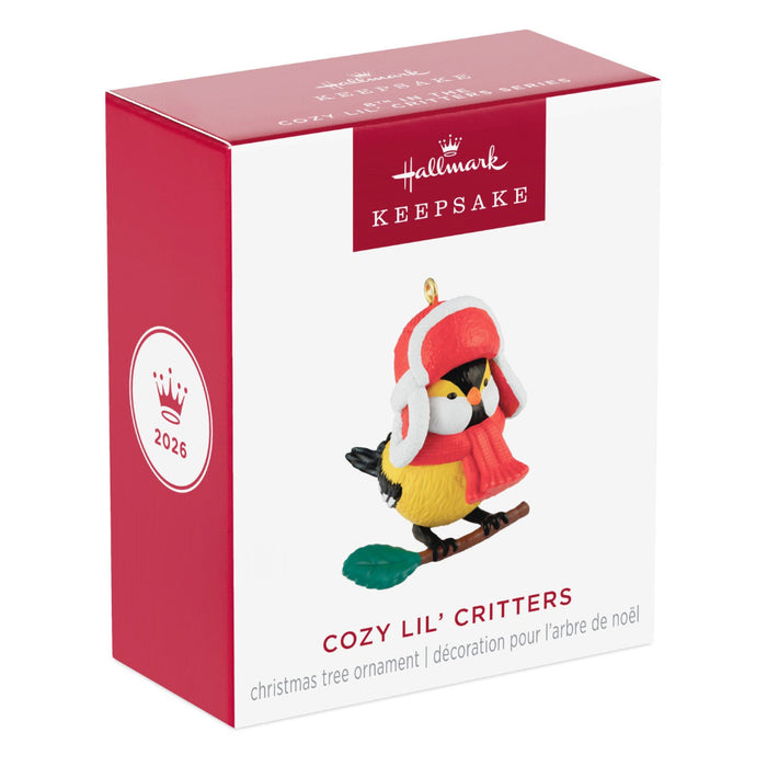 Hallmark Cozy Lil' Critters Christmas ornament packaging on a white background