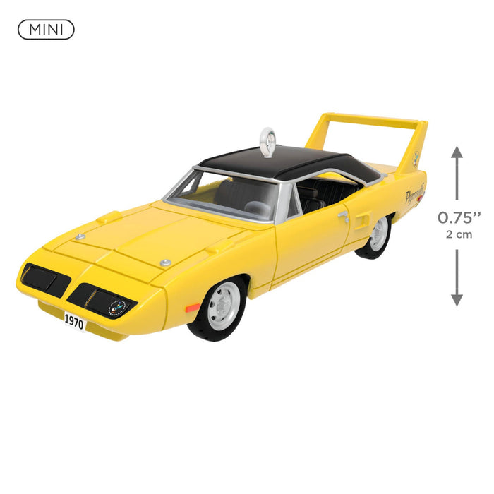 Yellow model car with dimensions indicated on a white background
