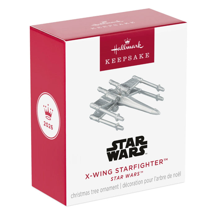Hallmark Star Wars X-Wing Starfighter Christmas ornament packaging on a white background