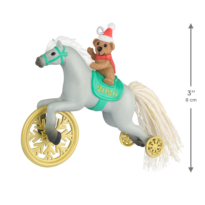 2026 Hallmark Keepsake ornament front view showing embossed gold year on teal saddle blanket