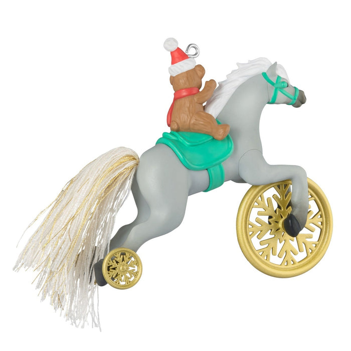Hallmark 2026 A Pony for Christmas ornament side view gray pony with gold snowflake wheels