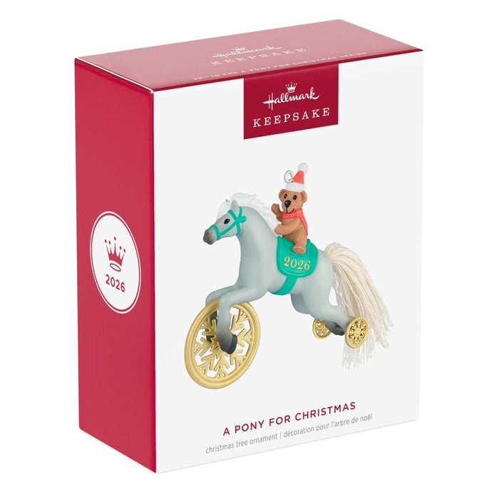 Hallmark 2026 A Pony for Christmas ornament box packaging with red and white design
