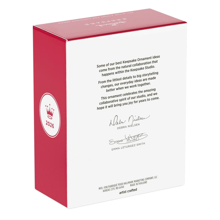 Back of Hallmark 2026 ornament box showing artist signatures and Made in Thailand label