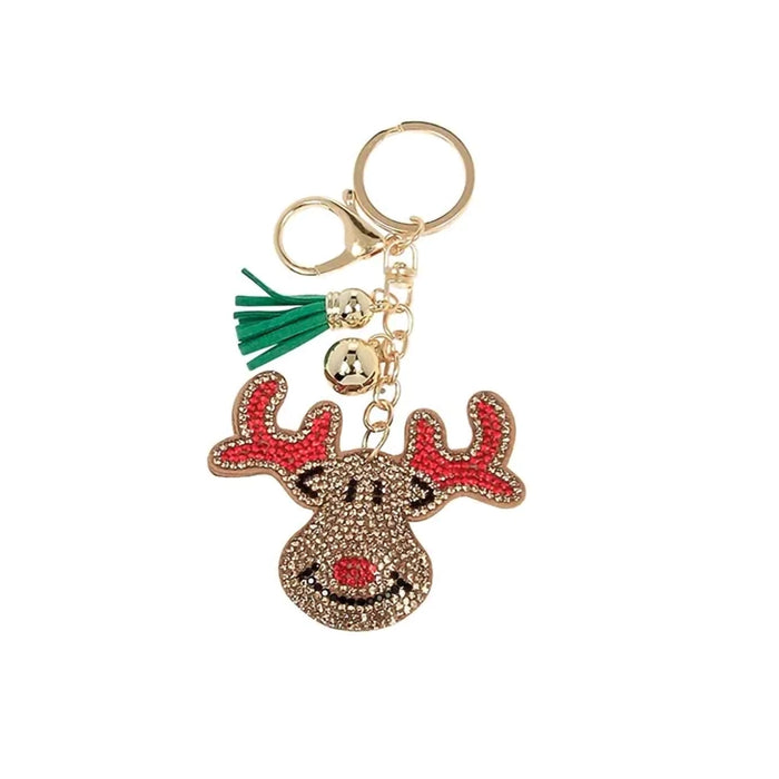 Reindeer keychain with red antlers and green tassel on a white background