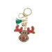 Reindeer keychain with red antlers and green tassel on a white background