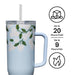 A blue tumbler adorned with a white floral pattern and equipped with a straw for easy sipping.
