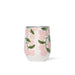 A wine glass filled with pink flowers and green leaves, elegantly arranged for a decorative display.