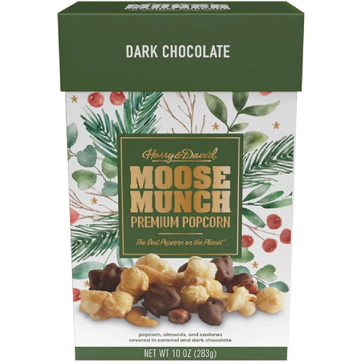 Box of Harry & David Moose Munch Premium Popcorn with dark chocolate on a white background