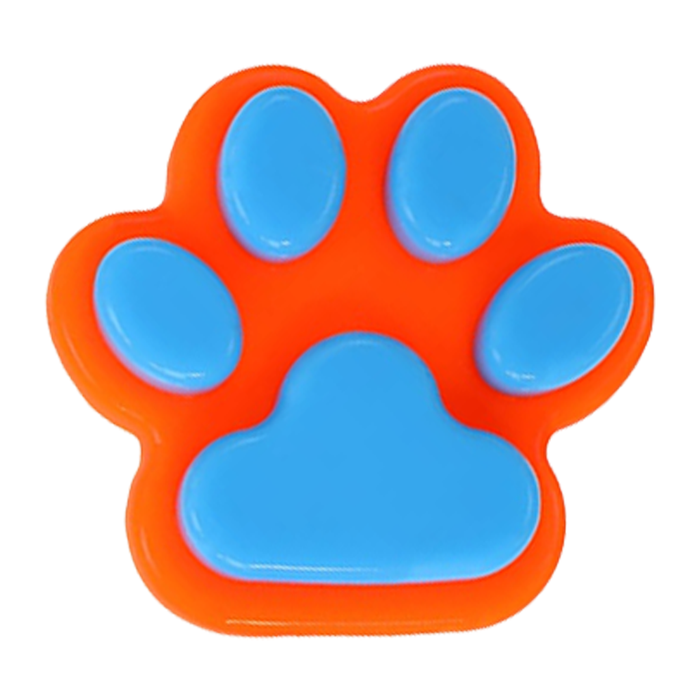 Colorful paw-shaped toy with blue pads and orange border on a white background