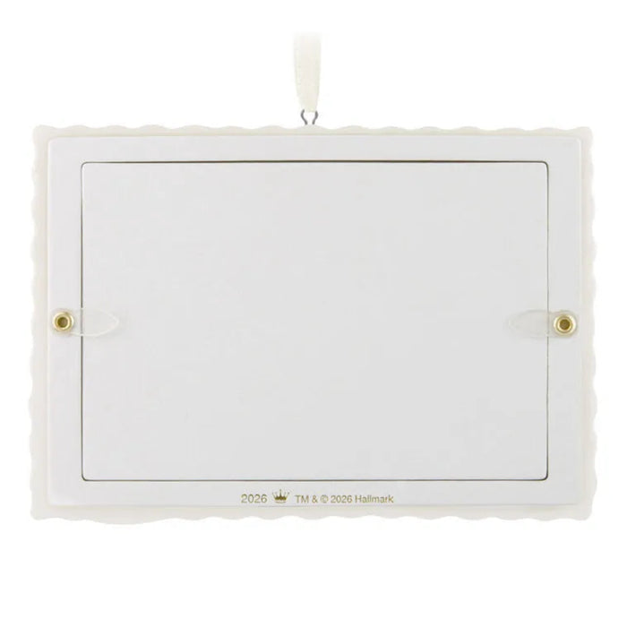 White rectangular frame with gold accents on a white background