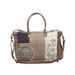  Vintage canvas bag adorned with various patches, showcasing a unique and eclectic style.