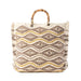 Woven tote bag featuring a geometric pattern with gold accents, showcasing a stylish and modern design.