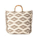 Geometric-patterned woven tote bag with elegant gold accents, combining functionality and fashion.