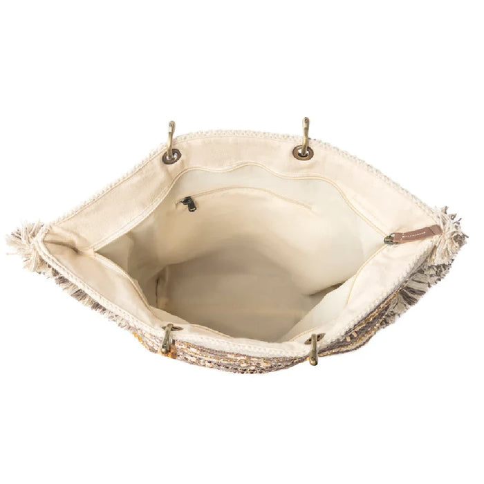 Woven tote bag displaying a unique geometric design with gold highlights, ideal for everyday use.
