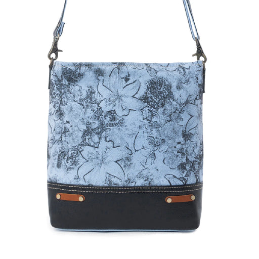 Blue floral print leather bag with a matching leather strap, showcasing a stylish and elegant design.
