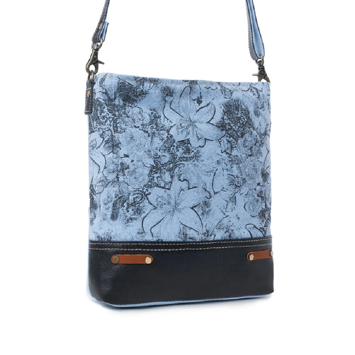 Elegant blue floral leather bag featuring a leather strap, perfect for adding a touch of style to any outfit.