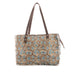 A blue and brown floral print tote bag with vibrant flowers and sturdy handles, ideal for shopping or casual outings.