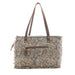 A floral print tote bag in blue and brown hues, designed for practicality and style, suitable for everyday use.