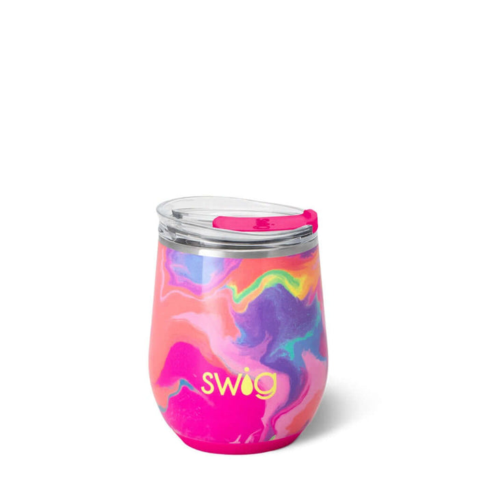 Colorful marbled swig tumbler on a white background