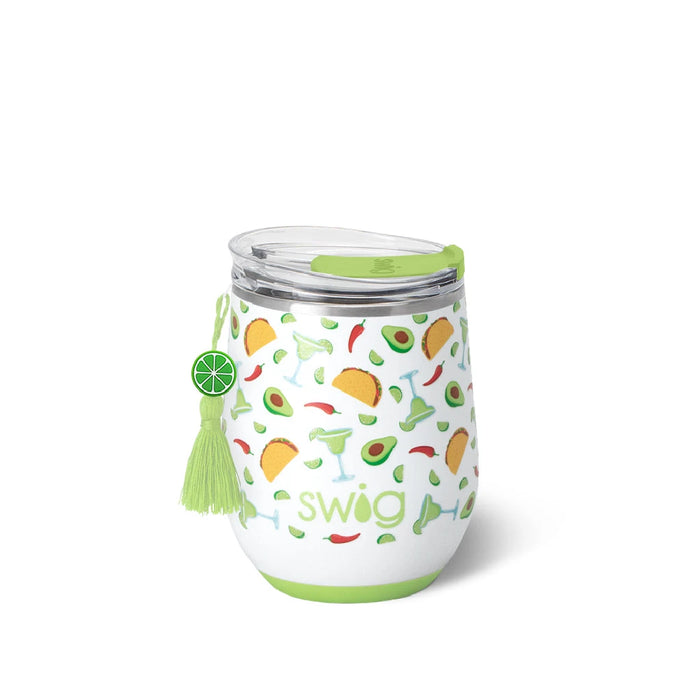 A white wine glass featuring a green lid and a green handle, elegantly designed for stylish sipping.