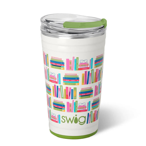 A white tumbler featuring a green lid adorned with a book pattern, ideal for book lovers on the go.